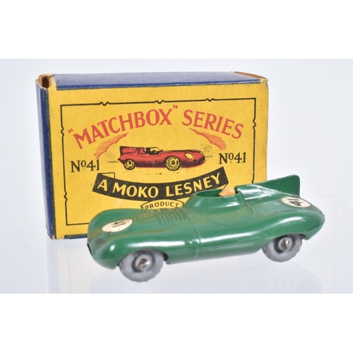 72 - FOUR BOXED MOKO LESNEY MATCHBOX SERIES BRITISH SPORTS, RACING AND LUXURY CAR MODELS, Jaguar D Type, ... 