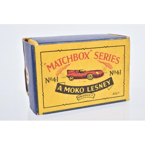 72 - FOUR BOXED MOKO LESNEY MATCHBOX SERIES BRITISH SPORTS, RACING AND LUXURY CAR MODELS, Jaguar D Type, ... 