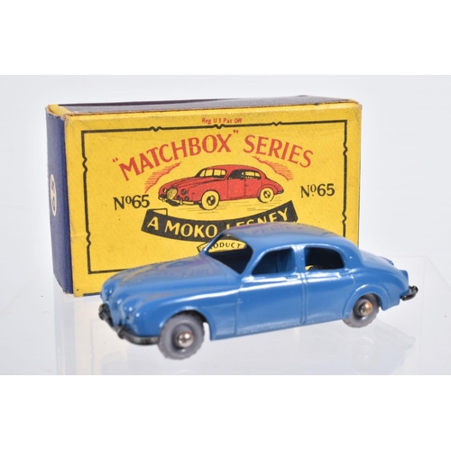 72 - FOUR BOXED MOKO LESNEY MATCHBOX SERIES BRITISH SPORTS, RACING AND LUXURY CAR MODELS, Jaguar D Type, ... 