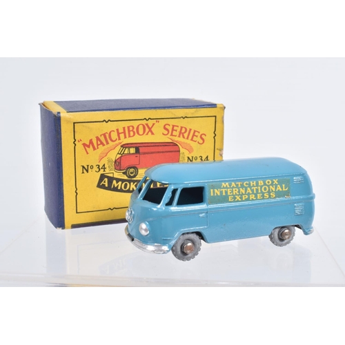 74 - FIVE BOXED MOKO LESNEY MATCHBOX SERIES VAN MODELS, Volkswagen Van, No.34, metal wheels, Bedford CA '... 