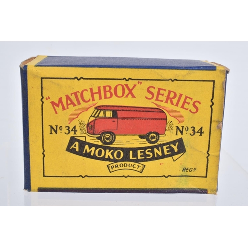 74 - FIVE BOXED MOKO LESNEY MATCHBOX SERIES VAN MODELS, Volkswagen Van, No.34, metal wheels, Bedford CA '... 