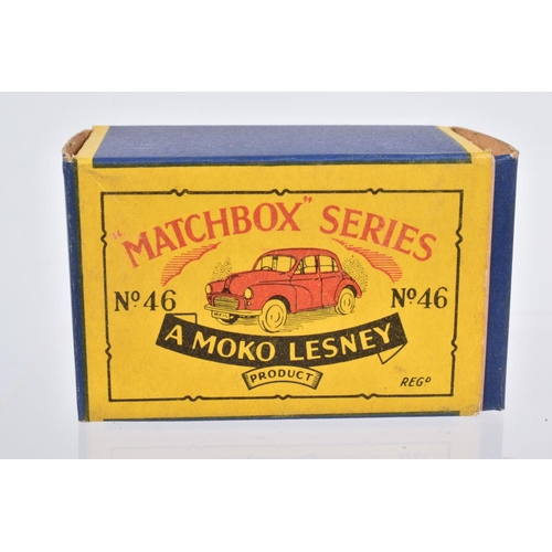 78 - THREE BOXED MOKO LESNEY MATCHBOX SERIES MORRIS MINOR 1000 CARS, one with dark green body, black base... 