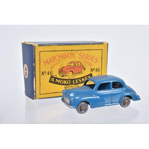 78 - THREE BOXED MOKO LESNEY MATCHBOX SERIES MORRIS MINOR 1000 CARS, one with dark green body, black base... 