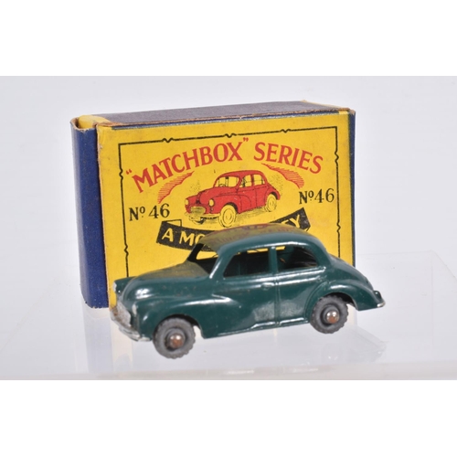 78 - THREE BOXED MOKO LESNEY MATCHBOX SERIES MORRIS MINOR 1000 CARS, one with dark green body, black base... 