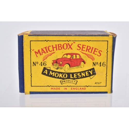 78 - THREE BOXED MOKO LESNEY MATCHBOX SERIES MORRIS MINOR 1000 CARS, one with dark green body, black base... 