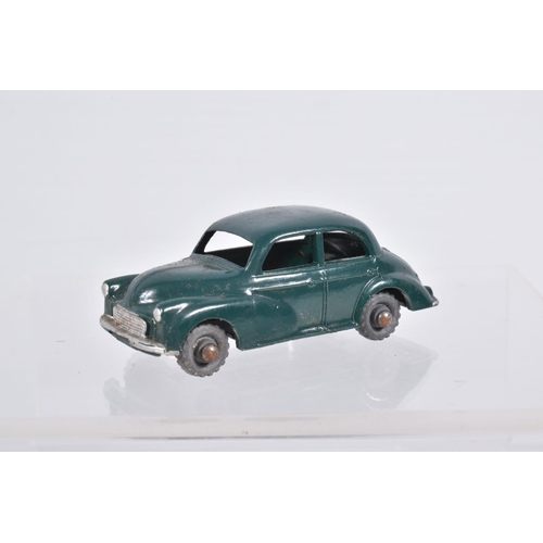 78 - THREE BOXED MOKO LESNEY MATCHBOX SERIES MORRIS MINOR 1000 CARS, one with dark green body, black base... 