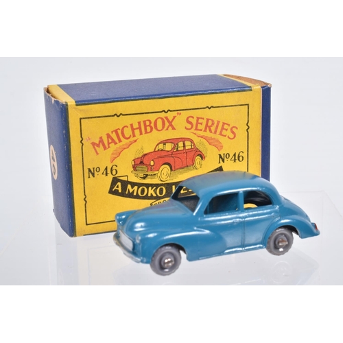 78 - THREE BOXED MOKO LESNEY MATCHBOX SERIES MORRIS MINOR 1000 CARS, one with dark green body, black base... 