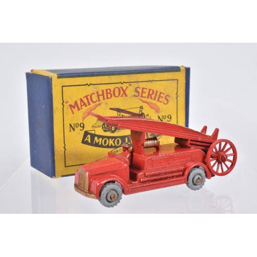 81 - SIX BOXED MOKO LESNEY MATCHBOX SERIES MODELS, Dennis Fire Escape, No.9, version with front bumper, g... 