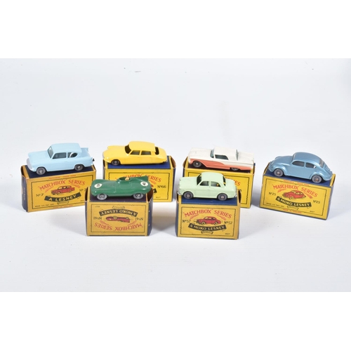 82 - SIX BOXED MOKO LESNEY MATCHBOX SERIES CAR MODELS,  Ford Anglia, No.7, grey plastic wheels, Volkswage... 