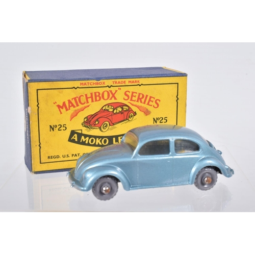 82 - SIX BOXED MOKO LESNEY MATCHBOX SERIES CAR MODELS,  Ford Anglia, No.7, grey plastic wheels, Volkswage... 