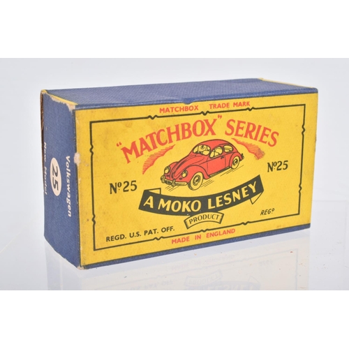 82 - SIX BOXED MOKO LESNEY MATCHBOX SERIES CAR MODELS,  Ford Anglia, No.7, grey plastic wheels, Volkswage... 