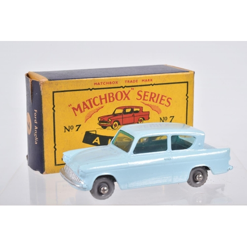 82 - SIX BOXED MOKO LESNEY MATCHBOX SERIES CAR MODELS,  Ford Anglia, No.7, grey plastic wheels, Volkswage... 