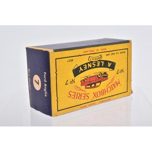 82 - SIX BOXED MOKO LESNEY MATCHBOX SERIES CAR MODELS,  Ford Anglia, No.7, grey plastic wheels, Volkswage... 