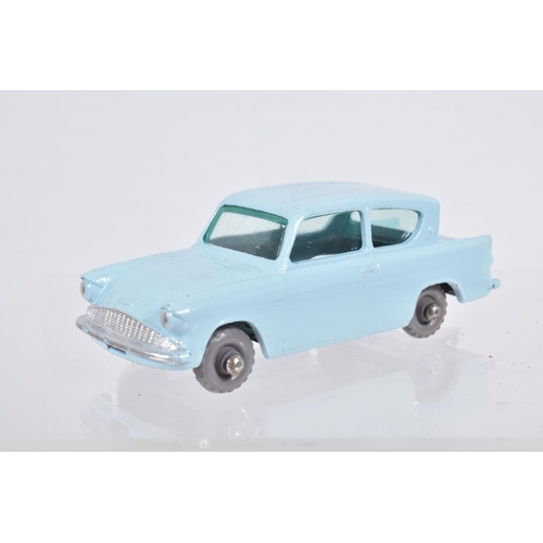 82 - SIX BOXED MOKO LESNEY MATCHBOX SERIES CAR MODELS,  Ford Anglia, No.7, grey plastic wheels, Volkswage... 