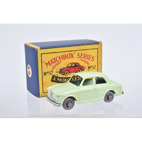 82 - SIX BOXED MOKO LESNEY MATCHBOX SERIES CAR MODELS,  Ford Anglia, No.7, grey plastic wheels, Volkswage... 