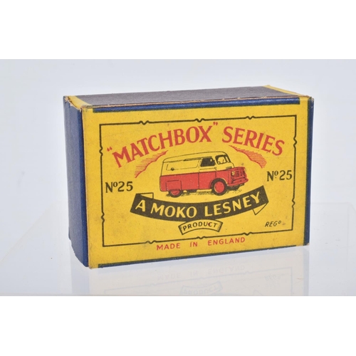 87 - SIX BOXED MOKO LESNEY MATCHBOX SERIES MODELS, Bedford CA Van 'Dunlop', No.25, metal wheels, Magirus ... 