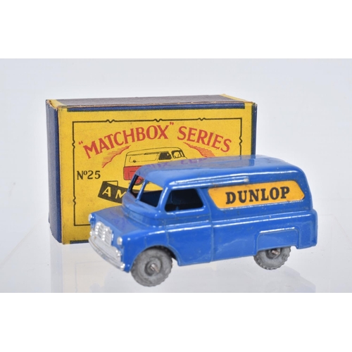 87 - SIX BOXED MOKO LESNEY MATCHBOX SERIES MODELS, Bedford CA Van 'Dunlop', No.25, metal wheels, Magirus ... 