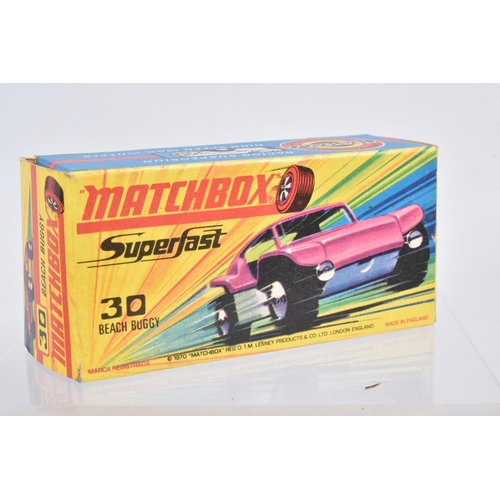 89 - THREE BOXED MATCHBOX SUPERFAST MODELS, Beach Bug, No.30, orange interior and side panel, Saab Sonnet... 