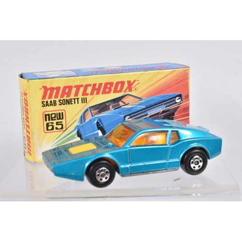 89 - THREE BOXED MATCHBOX SUPERFAST MODELS, Beach Bug, No.30, orange interior and side panel, Saab Sonnet... 