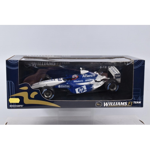 123 - THREE BOXED  DIECAST RACING CARS, to include a PMA Minichamps 1:18 scale Williams F1 BMW FW25 J.P. M... 