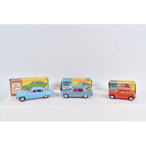 131 - THREE BOXED CORGI TOYS CARS, Austin Seven, No.225, red body, yellow interior spun hubs, Jaguar Mk.X,... 