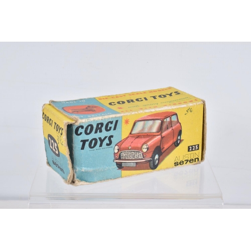 131 - THREE BOXED CORGI TOYS CARS, Austin Seven, No.225, red body, yellow interior spun hubs, Jaguar Mk.X,... 