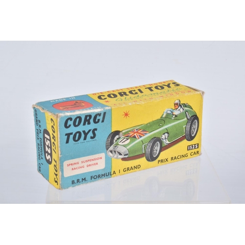 132 - FOUR BOXED CORGI TOYS MODELS, B.R.M. F1 GP Car, No.152S, with driver RN1, Ferrari F1 GP Car, No.154,... 