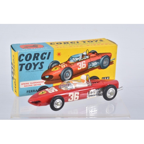 132 - FOUR BOXED CORGI TOYS MODELS, B.R.M. F1 GP Car, No.152S, with driver RN1, Ferrari F1 GP Car, No.154,... 