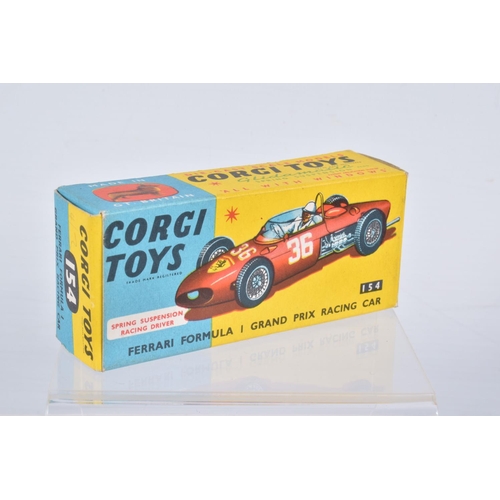 132 - FOUR BOXED CORGI TOYS MODELS, B.R.M. F1 GP Car, No.152S, with driver RN1, Ferrari F1 GP Car, No.154,... 