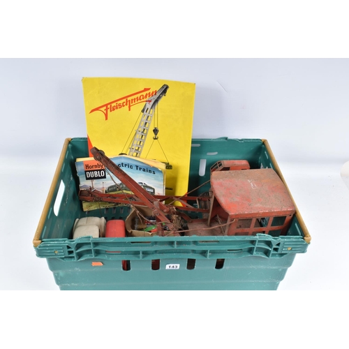 143 - A QUANTITY OF ASSORTED TOYS, to include Tri-ang Excavator No.2 and Tri-ang Jones KL44 Crane, both in... 