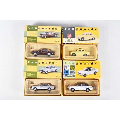 155 - SEVEN BOXED VANGUARDS DIECAST 1:43 SCALE MODEL VEHICLES, to include Ford Cortina MkIV in Ghia Roman ... 