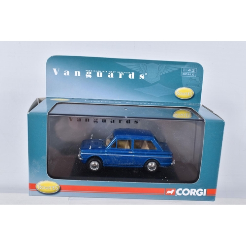 156 - TWELVE BOXED VANGUARDS DIECAST 1:43 SCALE MODEL VEHICLES, to include a Hillman Imp in Blue Metallic,... 