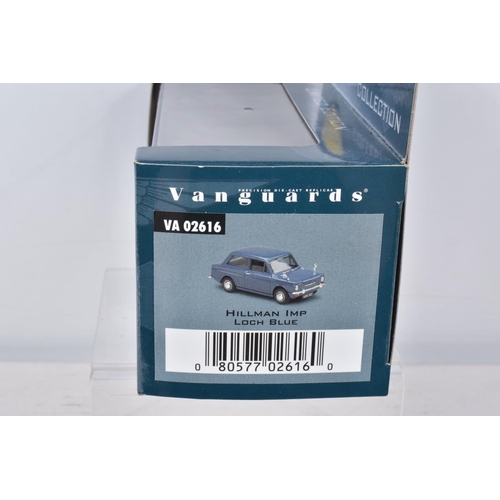 156 - TWELVE BOXED VANGUARDS DIECAST 1:43 SCALE MODEL VEHICLES, to include a Hillman Imp in Blue Metallic,... 