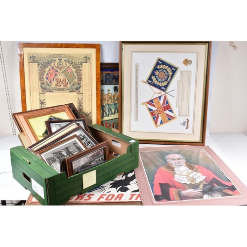 429 - A QUANTITY OF MILITARY PRINTS, MIRRORSAND PHOTOGRAPHS, a box and loose, including a reproduction adv... 