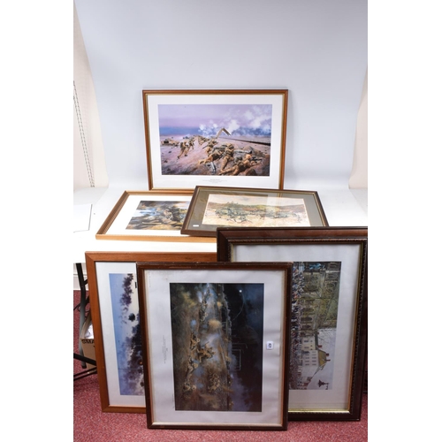 431 - FIVE FRAMED MILITARY PRINTS BY DAVID ROWLANDS, to include a limited edition   Zulu!   print, numbere... 