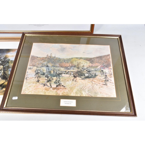 431 - FIVE FRAMED MILITARY PRINTS BY DAVID ROWLANDS, to include a limited edition   Zulu!   print, numbere... 