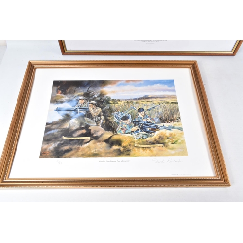 431 - FIVE FRAMED MILITARY PRINTS BY DAVID ROWLANDS, to include a limited edition   Zulu!   print, numbere... 