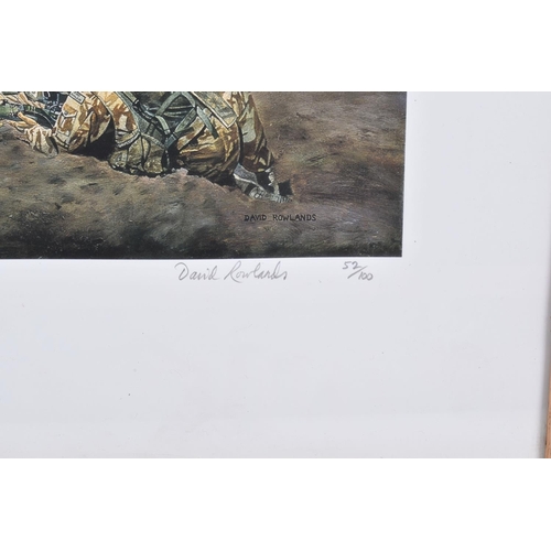 431 - FIVE FRAMED MILITARY PRINTS BY DAVID ROWLANDS, to include a limited edition   Zulu!   print, numbere... 