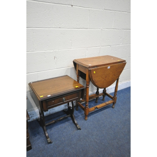 1201 - A SMALL OAK DROP LEAF TABLE, along with a mahogany drop leaf occasional table, an oak telephone tabl... 