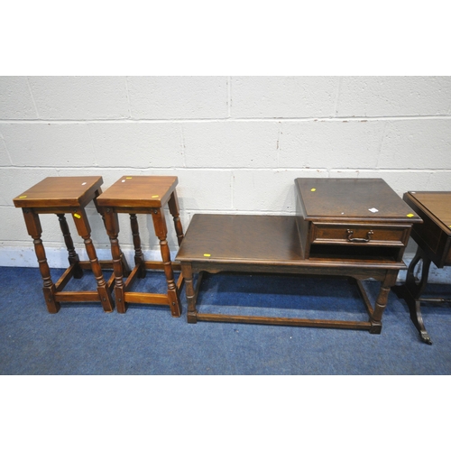 1201 - A SMALL OAK DROP LEAF TABLE, along with a mahogany drop leaf occasional table, an oak telephone tabl... 