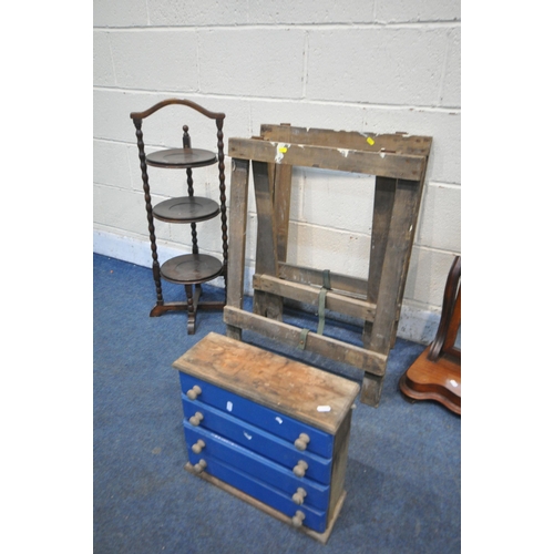 1202 - AN OAK THREE TIER CAKE STAND, along with a Victorian walnut swing mirror, a small painted chest of d... 