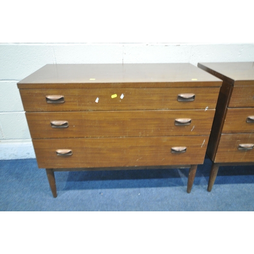 1203 - A PAIR OF WRIGHTON MID CENTURY TEAK CHEST OF THREE LONG DRAWERS, on cylindrical tapered legs, length... 