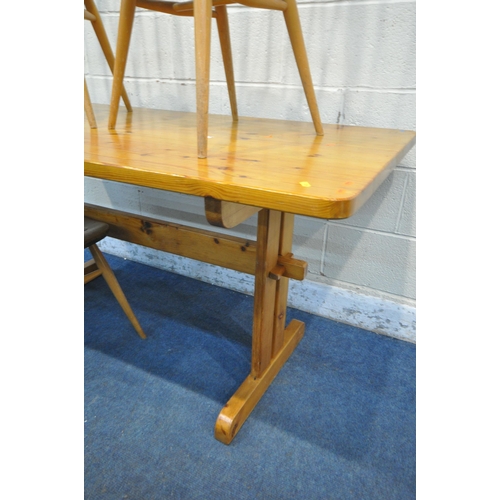 1204 - A PINE RECTANGULAR KITCHEN TABLE, on trestle legs, united by a stretcher, length 153cm x depth 76cm ... 