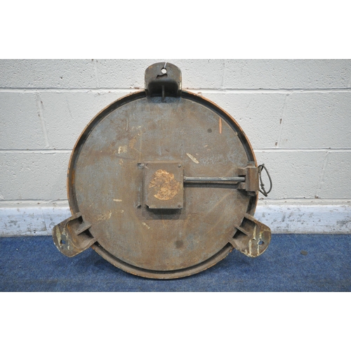 1205 - A GENTS OF LEICESTER CAST IRON WALL CLOCK, mains electric movement, orange painted border with three... 