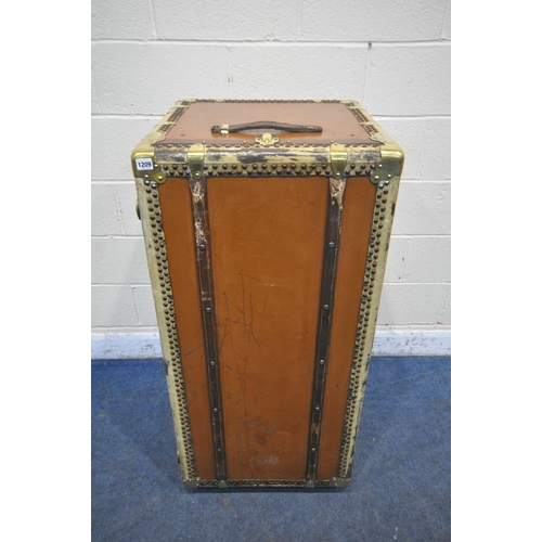 1209 - A LIGHT BROWN STEAMER TRUNK, with brass and wooden banding, length 111cm x 55cm x height 56cm (condi... 