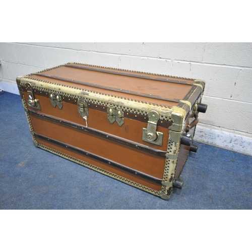 1209 - A LIGHT BROWN STEAMER TRUNK, with brass and wooden banding, length 111cm x 55cm x height 56cm (condi... 