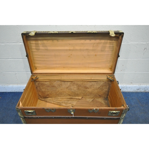 1209 - A LIGHT BROWN STEAMER TRUNK, with brass and wooden banding, length 111cm x 55cm x height 56cm (condi... 