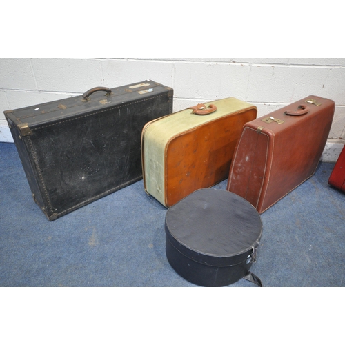 1211 - FOUR VARIOUS SUITCASES/TRUNKS, of various styles and sizes, along with a hat box and a large deed bo... 