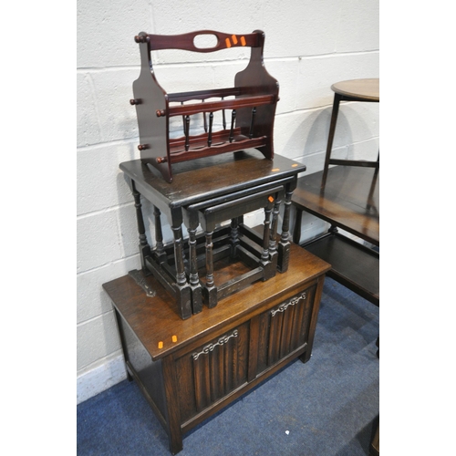 1215 - A SELECTION OF OCCASIONAL FURNITURE to include an oak linenfold blanket box, length 81cm x depth 44c... 