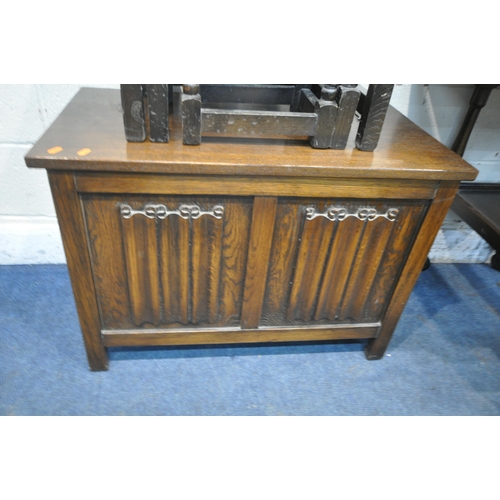 1215 - A SELECTION OF OCCASIONAL FURNITURE to include an oak linenfold blanket box, length 81cm x depth 44c... 